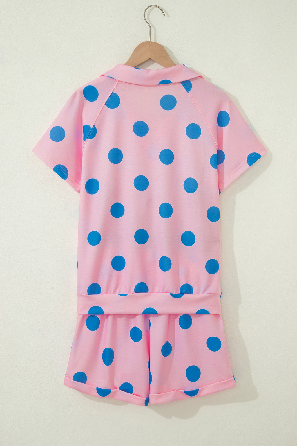 Beige Polka Dot Print V Neck Tee Short Set