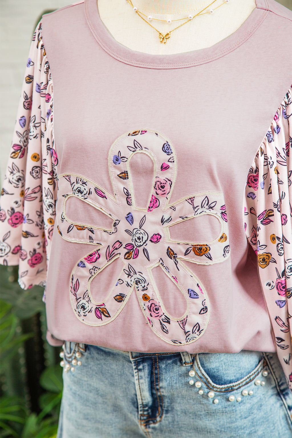 Pink Contrast Floral Half Sleeve Blouse