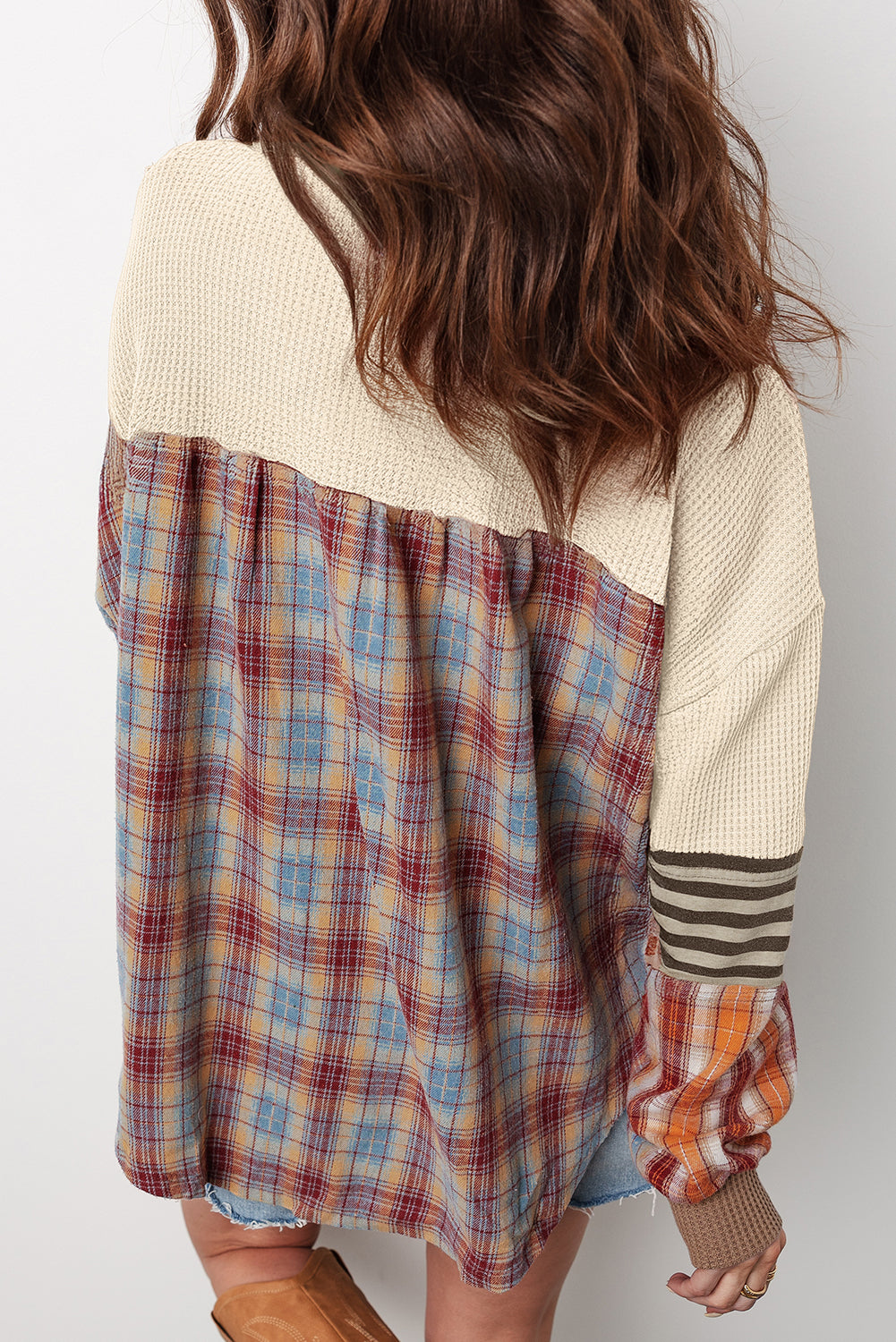 Plaid Patchwork Henley Knit Top