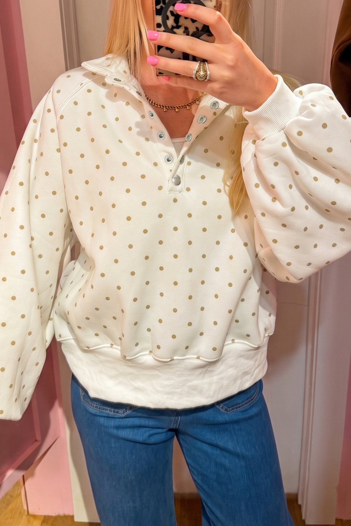 Red Polka Dot Print Metal Button Collar Casual Pullover Sweatshirt