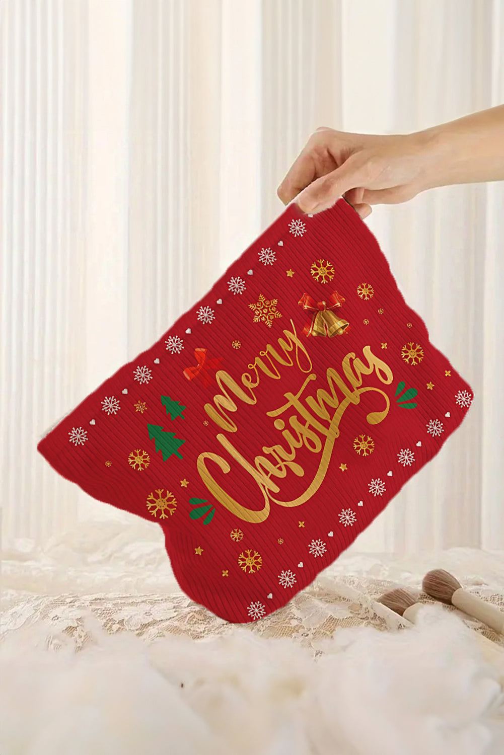 Pink Christmas Fashion Print Corduroy Zip Up Cosmetic Bag