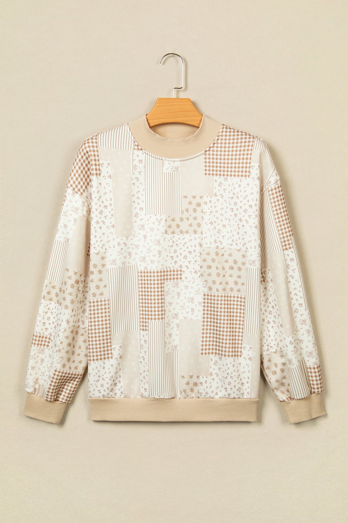 Sky Blue Patchwork Floral Print Mock Neck Long Sleeve Sweatshirt