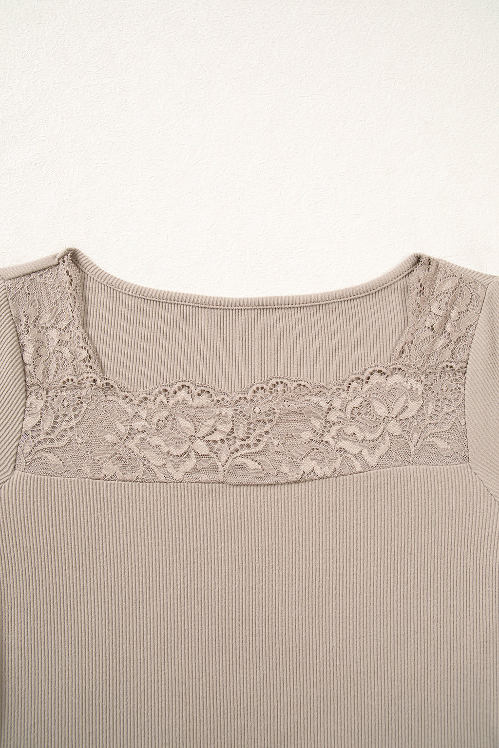 DUNE Solid Color Ribbed Lace Neck Long Sleeve Top