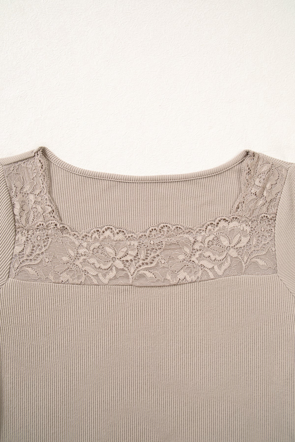 DUNE Solid Color Ribbed Lace Neck Long Sleeve Top