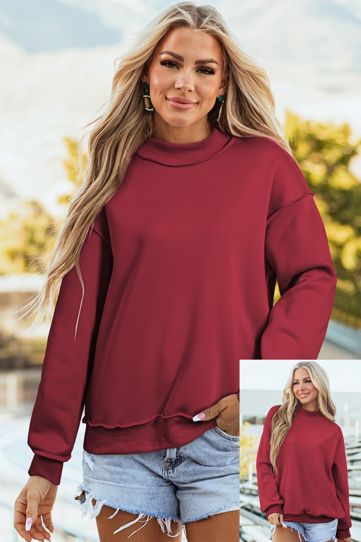 Bright Pink Oversize Drop Shoulder Reversible Mock Neck Sweatshirt