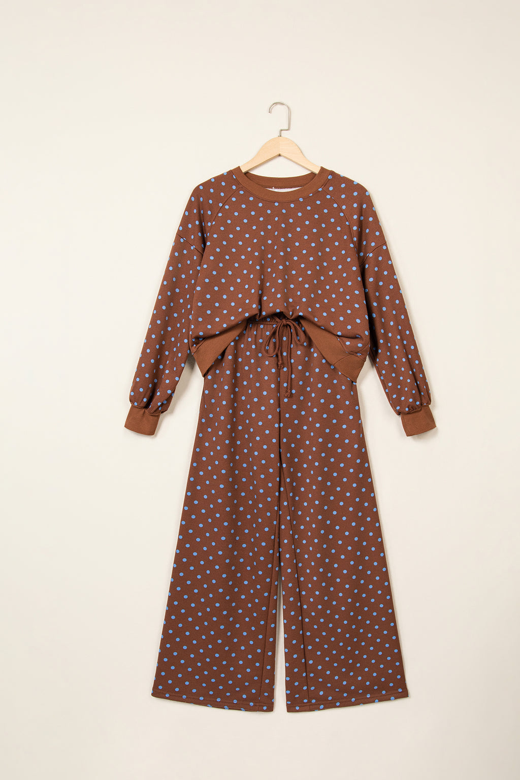 Red Polka Dot Drawstring Wide Leg Long Sleeve Top Pant Set