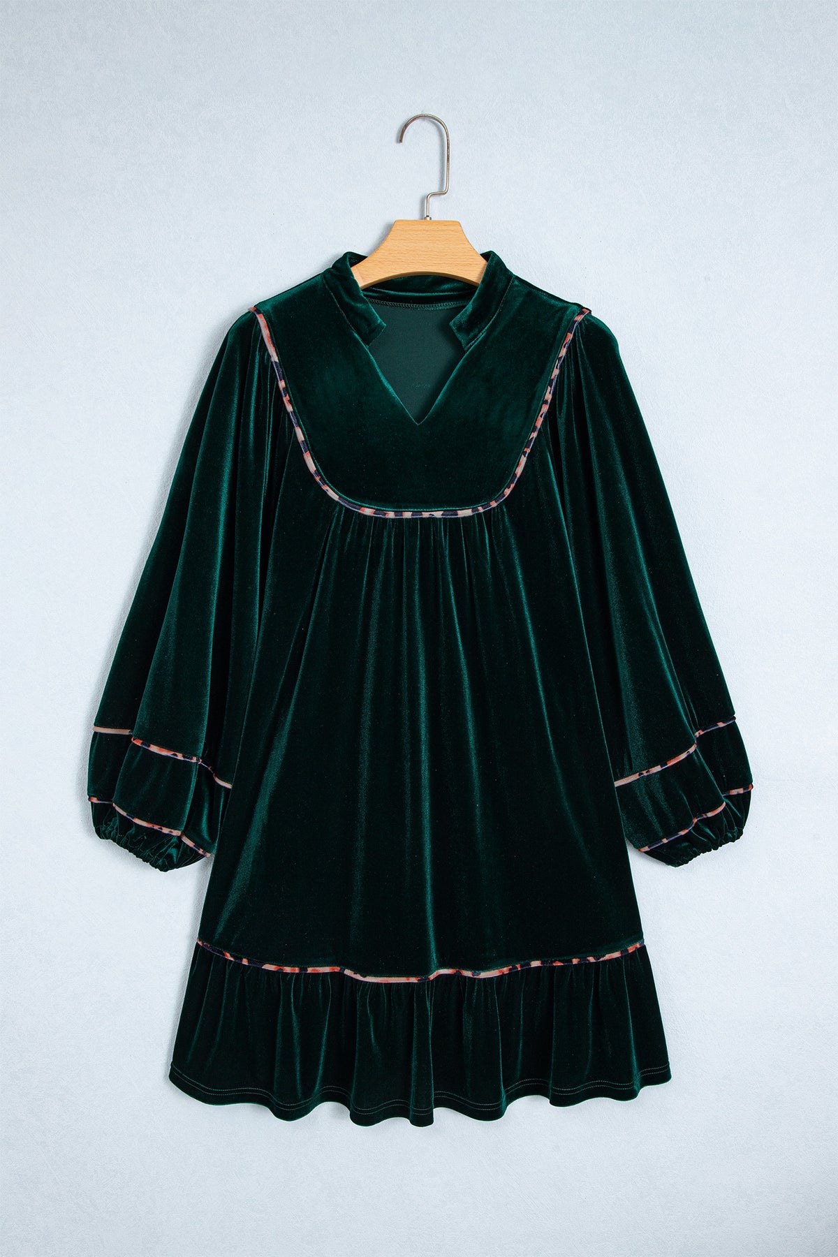 Blackish Green Leopard Trim Velvet Long Sleeve Shift Dress