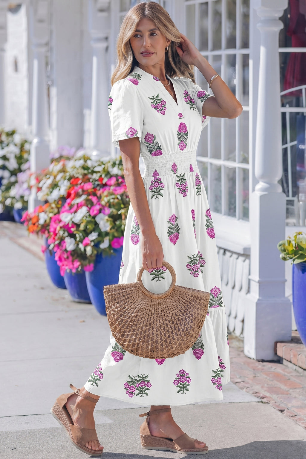 Green Floral Print Split Neck Shirred High Waist Ruffle Hem Maxi Dress