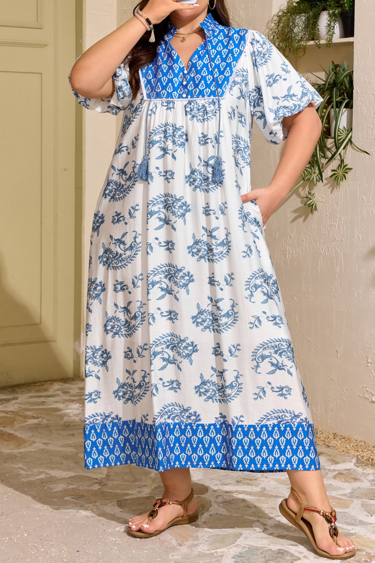 Sky Blue Plus Size Floral Print Midi Dress