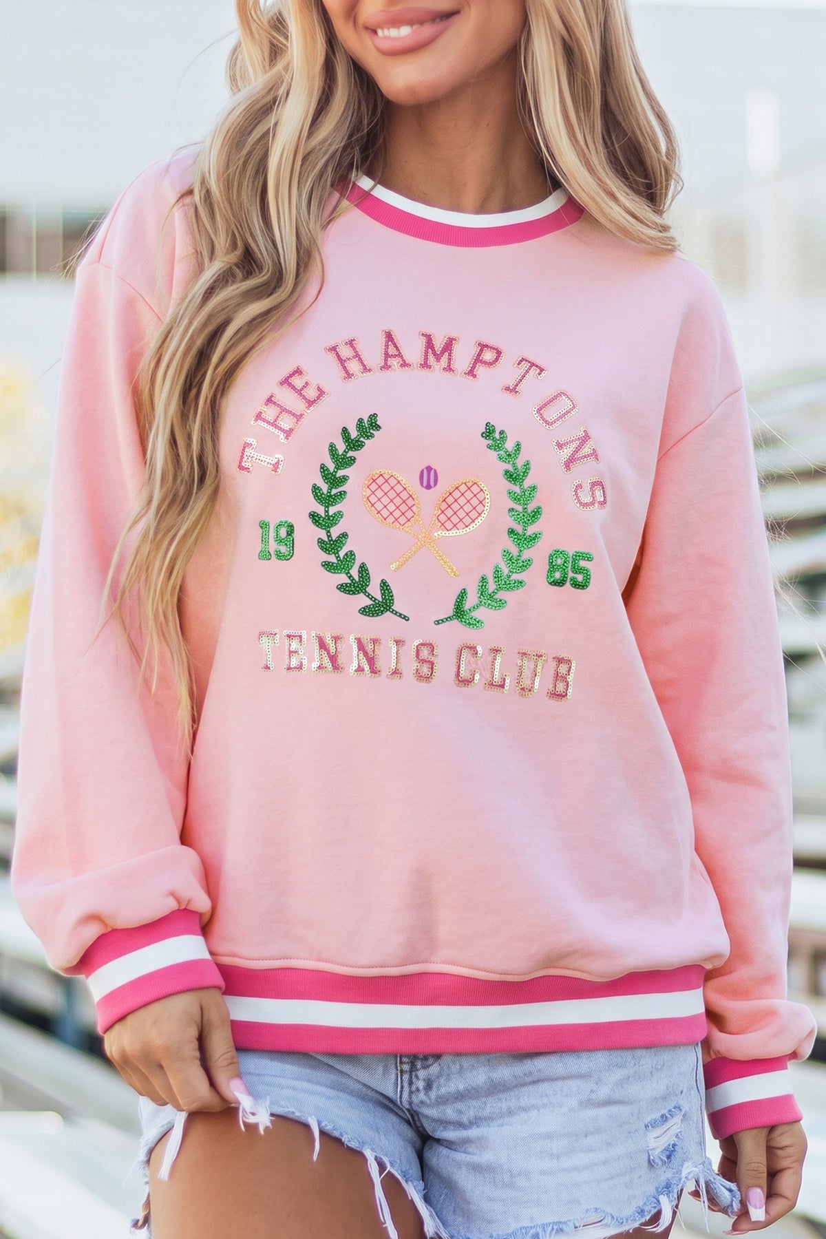 Pink Embroidered Tennis Pullover Sweatshirt