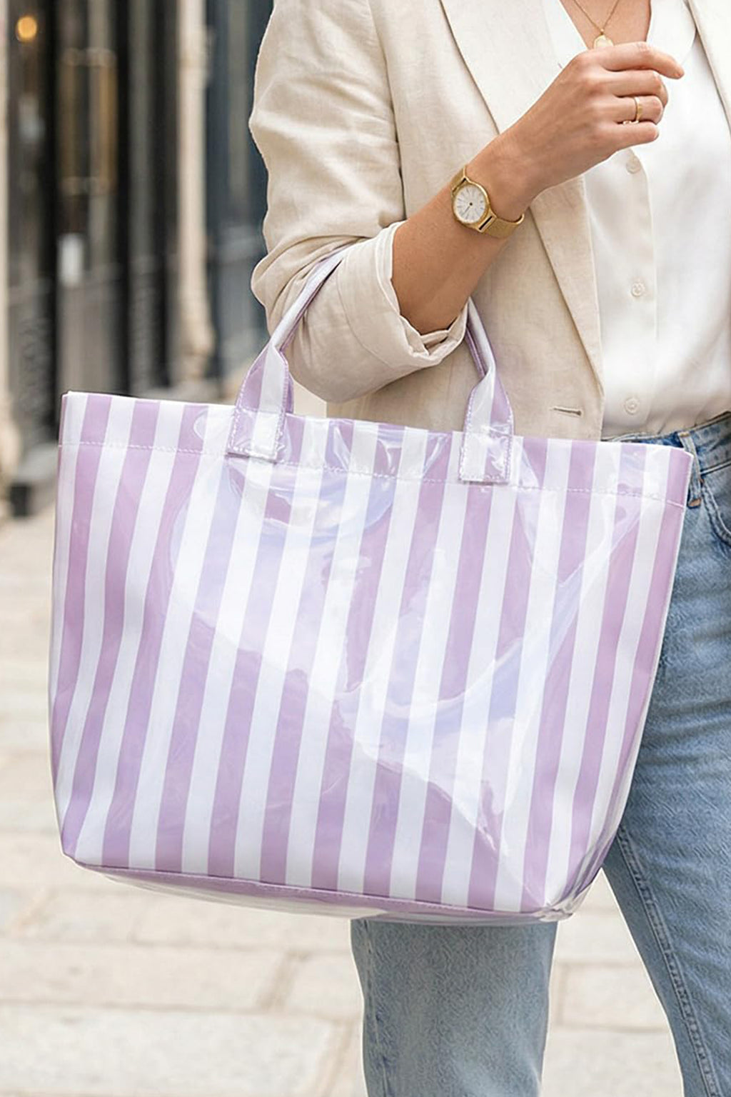 Pink Glossy Striped Vinyl Large Tote Bag (Color Varied)