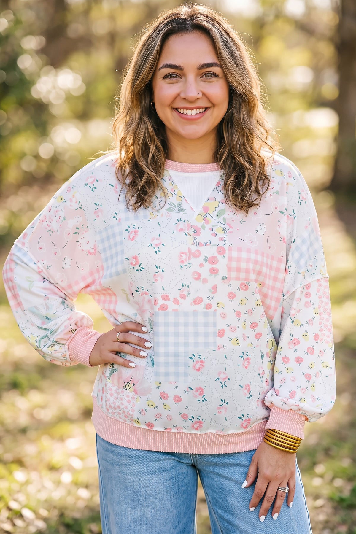 Pink Patchwork Long Sleeve Tunic Plus Size Blouse