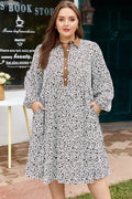 Khaki Plus Size Button V Neck Leopard Print Puff Sleeve Loose Mini Dress