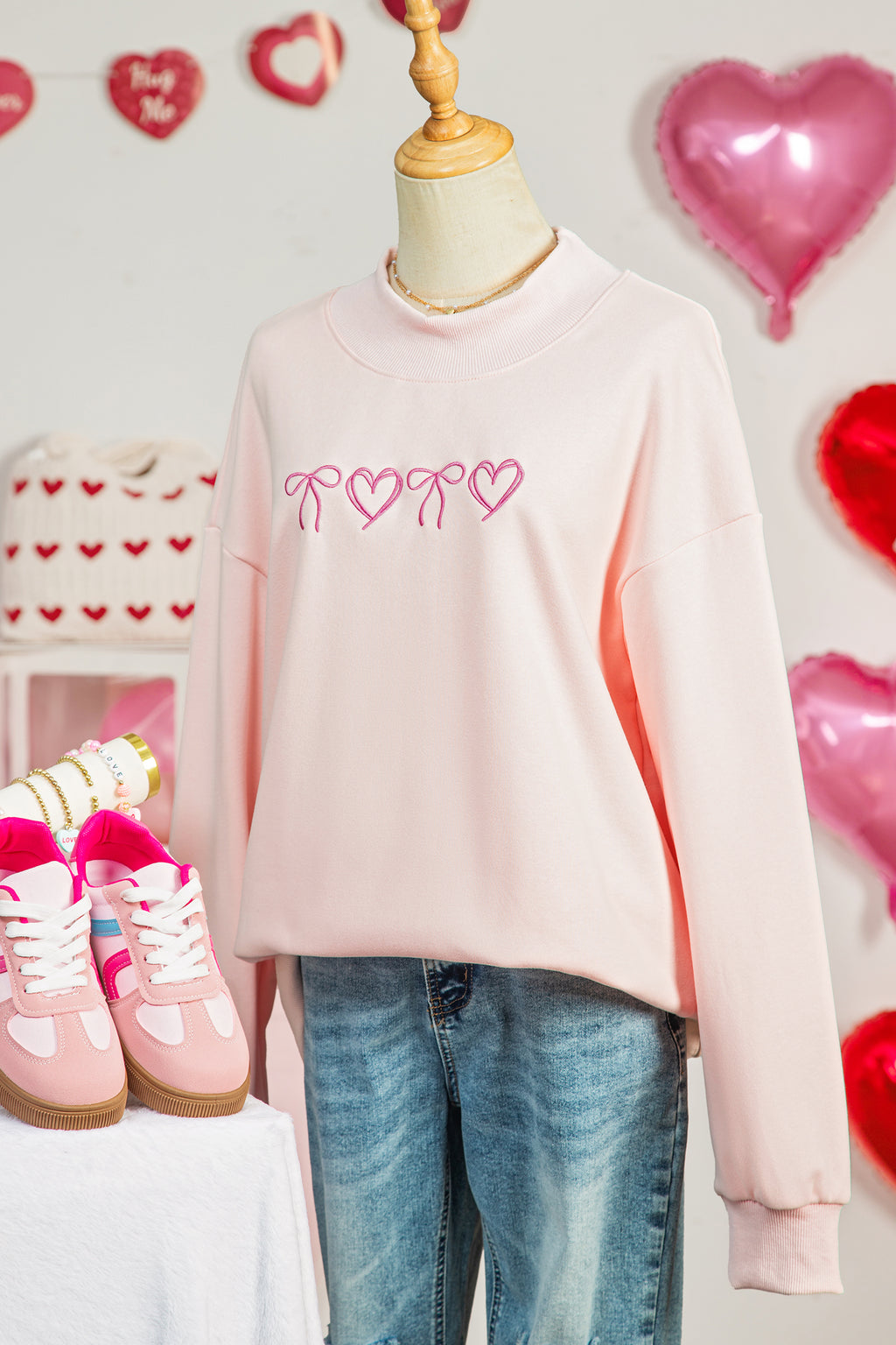 Apricot Pink Valentines Bow Heart Embroidered Sweatshirt