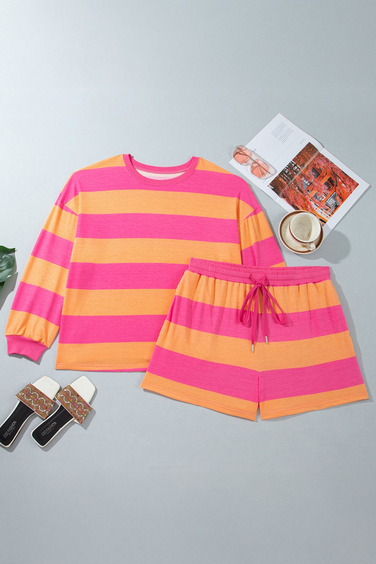 Pink Stripe Plus Size Horizontal Color Block Long Sleeve Top Drawstring Short Set