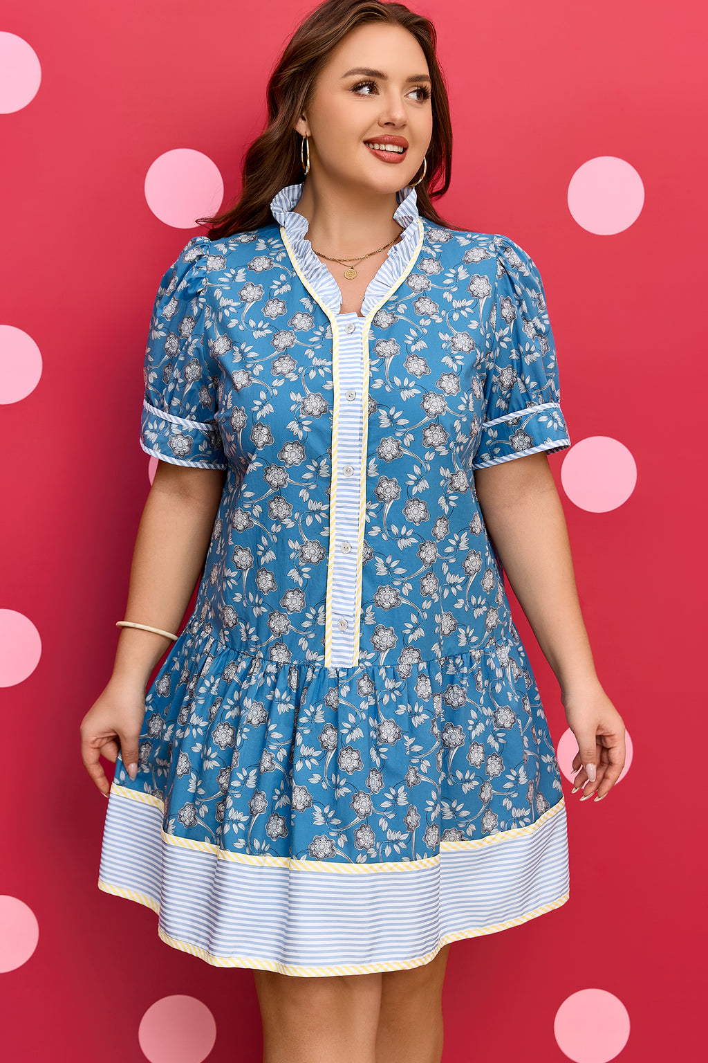 Blue Plus Size Floral Print Ruffle Hem Dress
