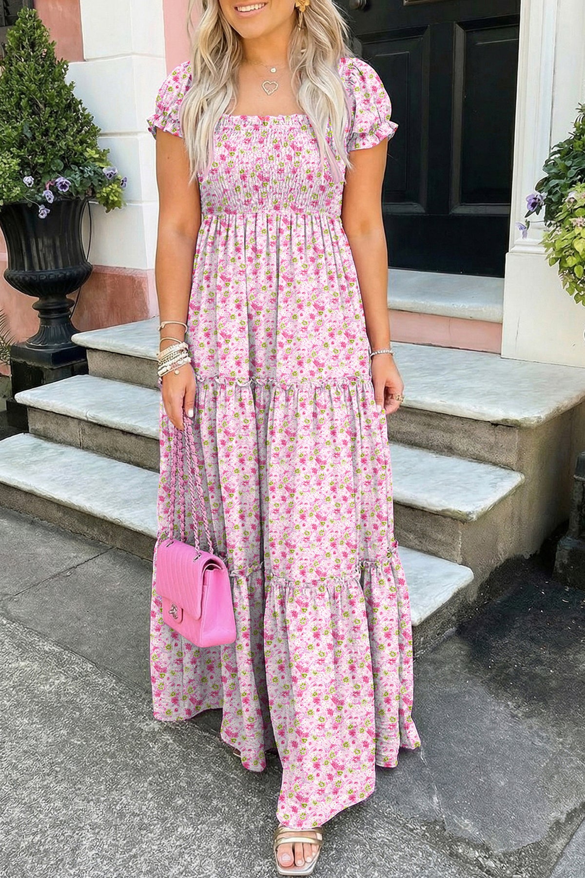 Purple Floral Short Bubble Sleeve Shirred High Waist Maxi Dress