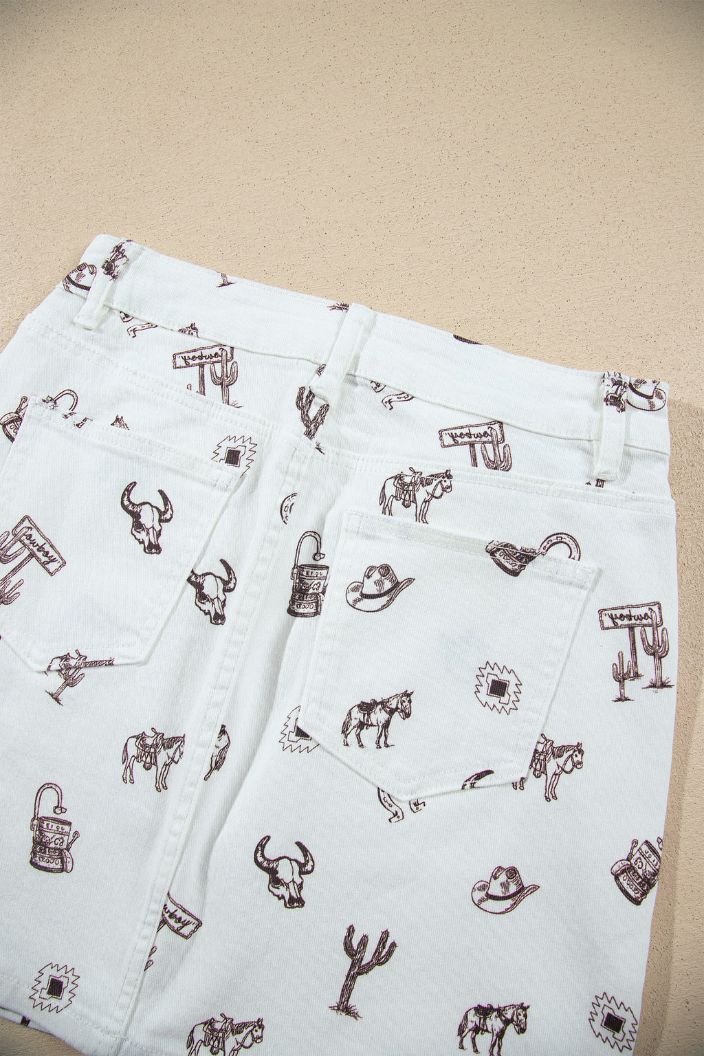 White Western Print Cactus Horse Bull Denim Skirt
