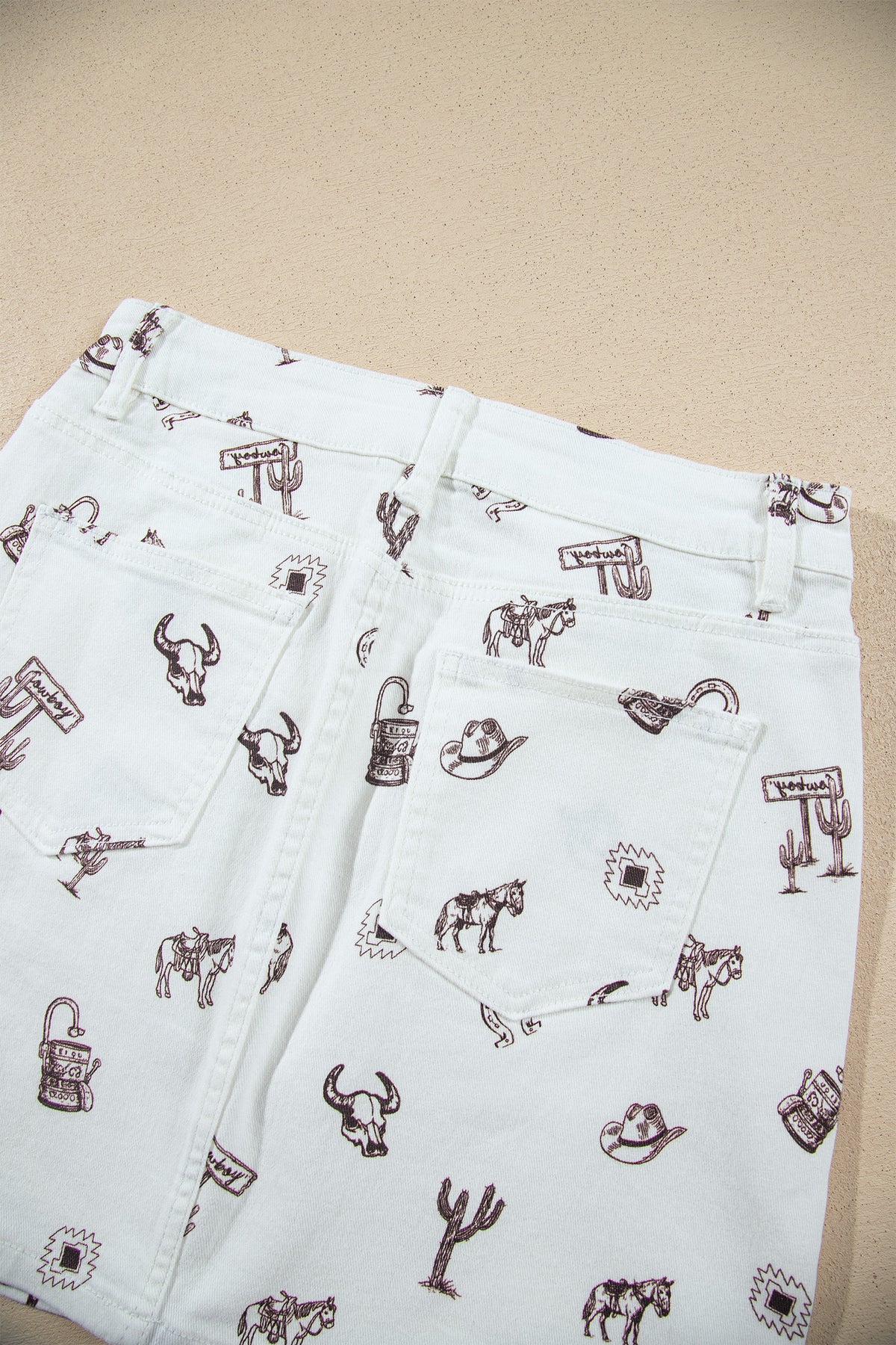 White Western Print Cactus Horse Bull Denim Skirt