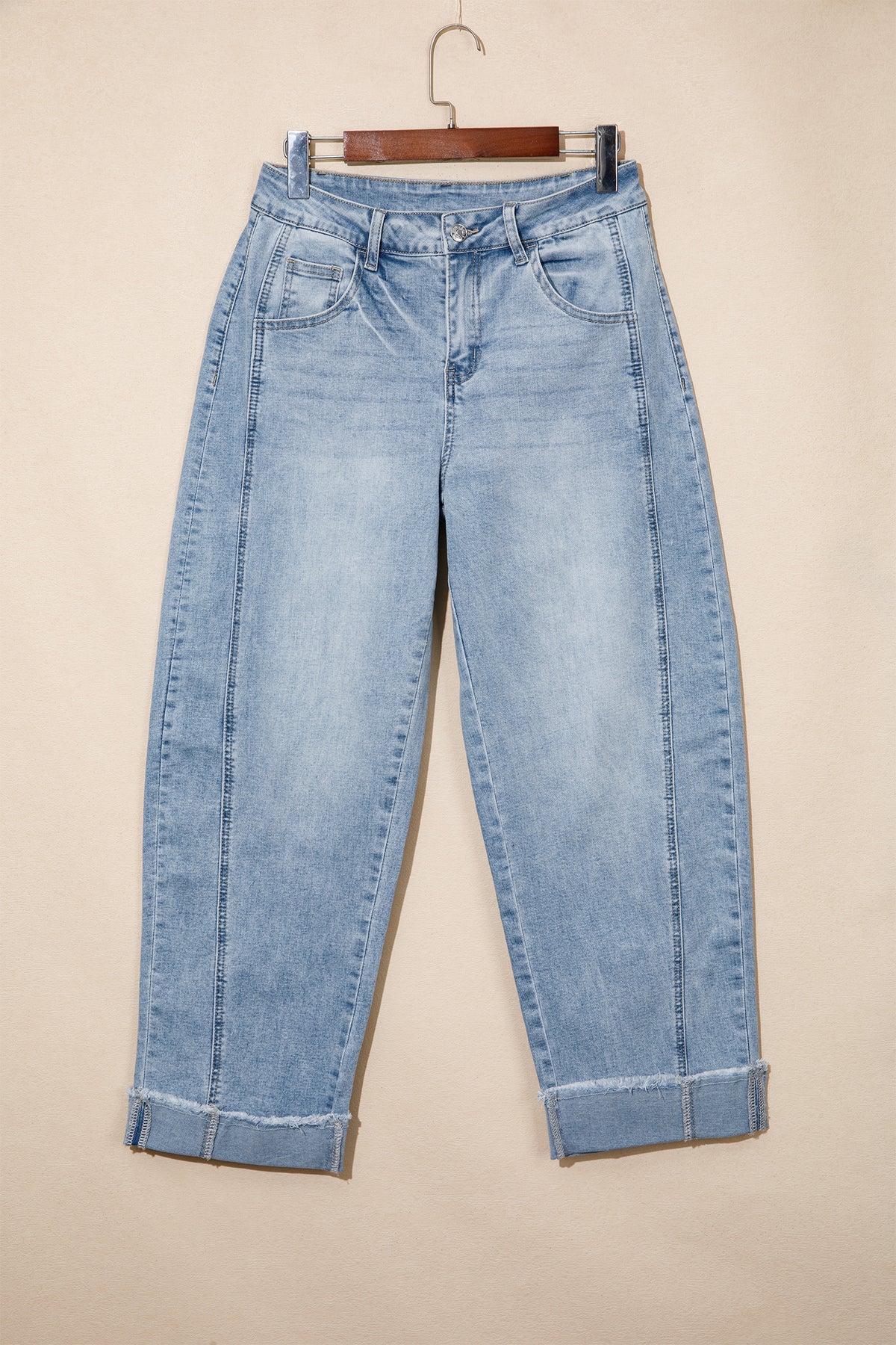 Sail Blue Raw Hem Turnup Loose Ankle-length Jeans