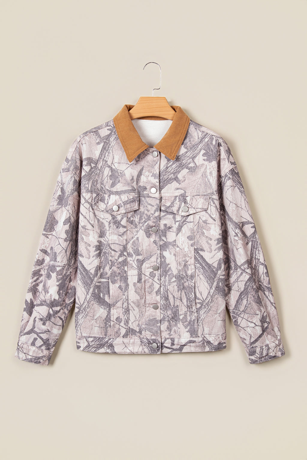 Gray Abstract Camo Print Colorblock Collar Oversized Shift Silhouette Denim Jacket