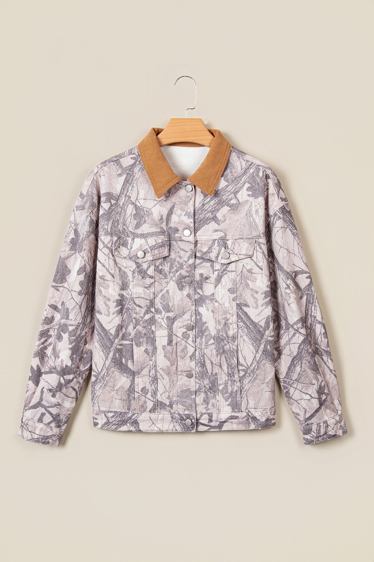 Gray Abstract Camo Print Colorblock Collar Oversized Shift Silhouette Denim Jacket