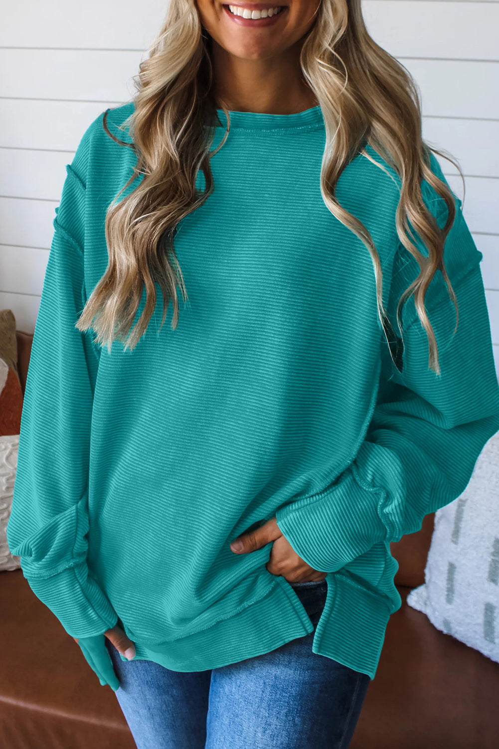 Pink Horizontal Ribbed Exposed Seam Detail Drop Shoulder Baggy Pullover