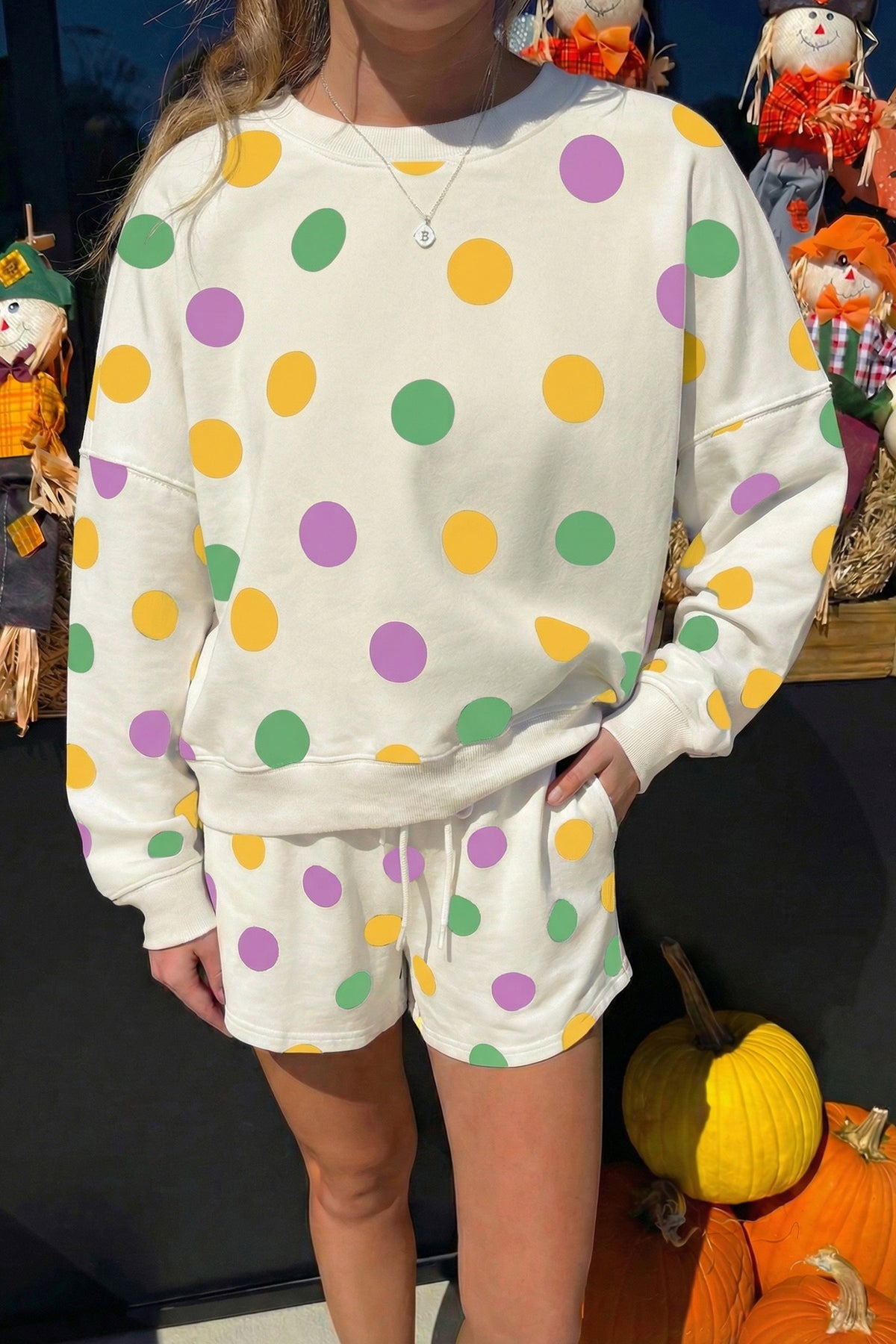 Polka Dot Pullover Drawstring Shorts Set