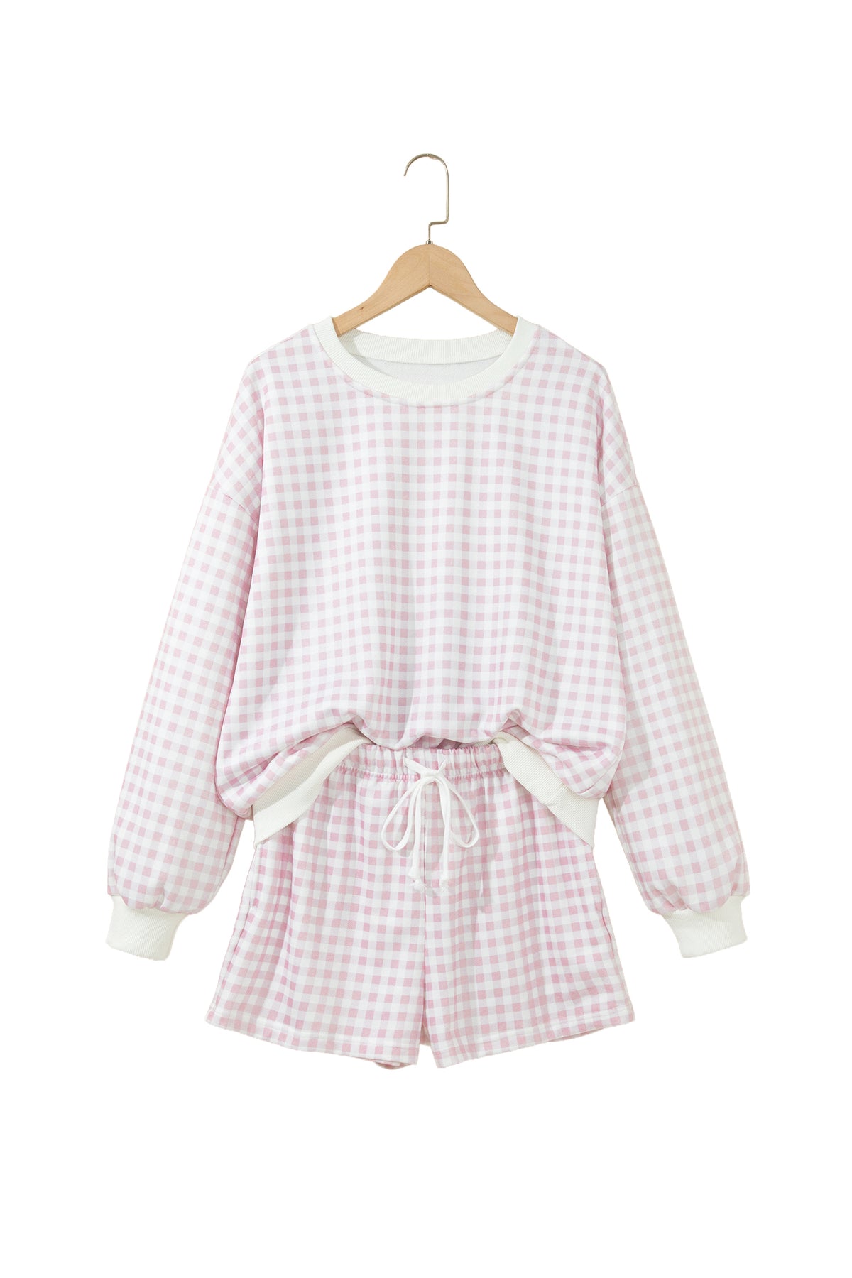 Pink Plaid Baggy Pullover Drawstring Casual Shorts 2pcs Outfit