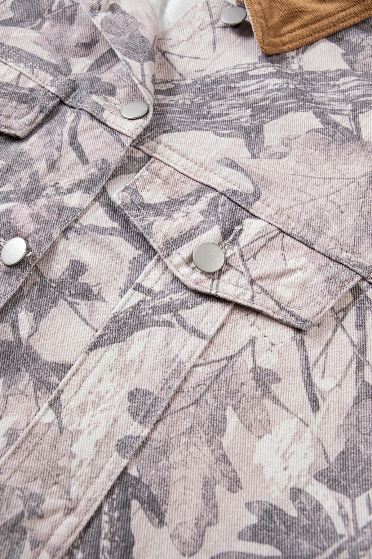 Gray Abstract Camo Print Colorblock Collar Oversized Shift Silhouette Denim Jacket