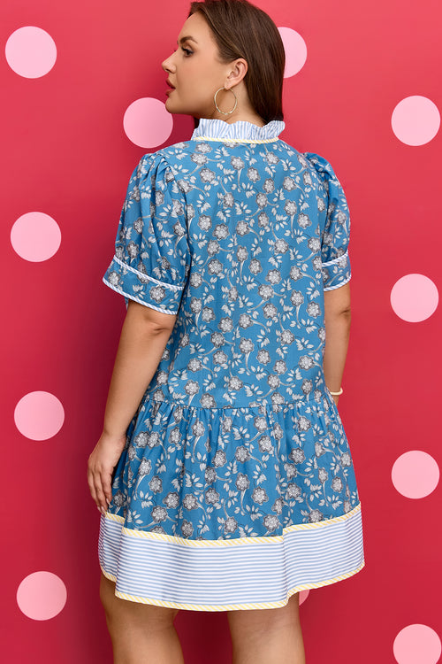 Blue Plus Size Floral Print Ruffle Hem Dress