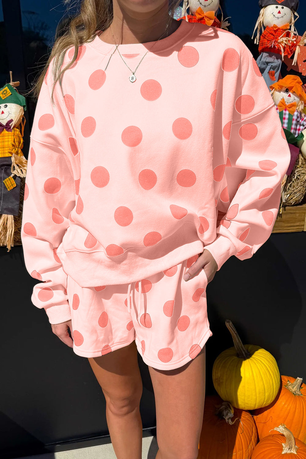 Polka Dot Pullover Drawstring Shorts Set