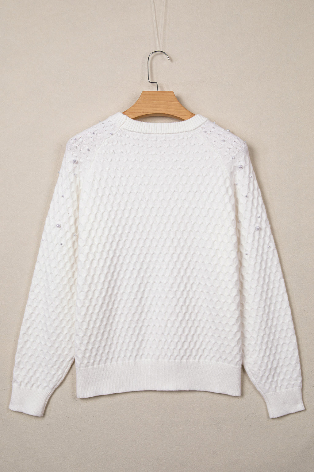 White Solid Textured Knit Pearl Embellished Pullover Sweater