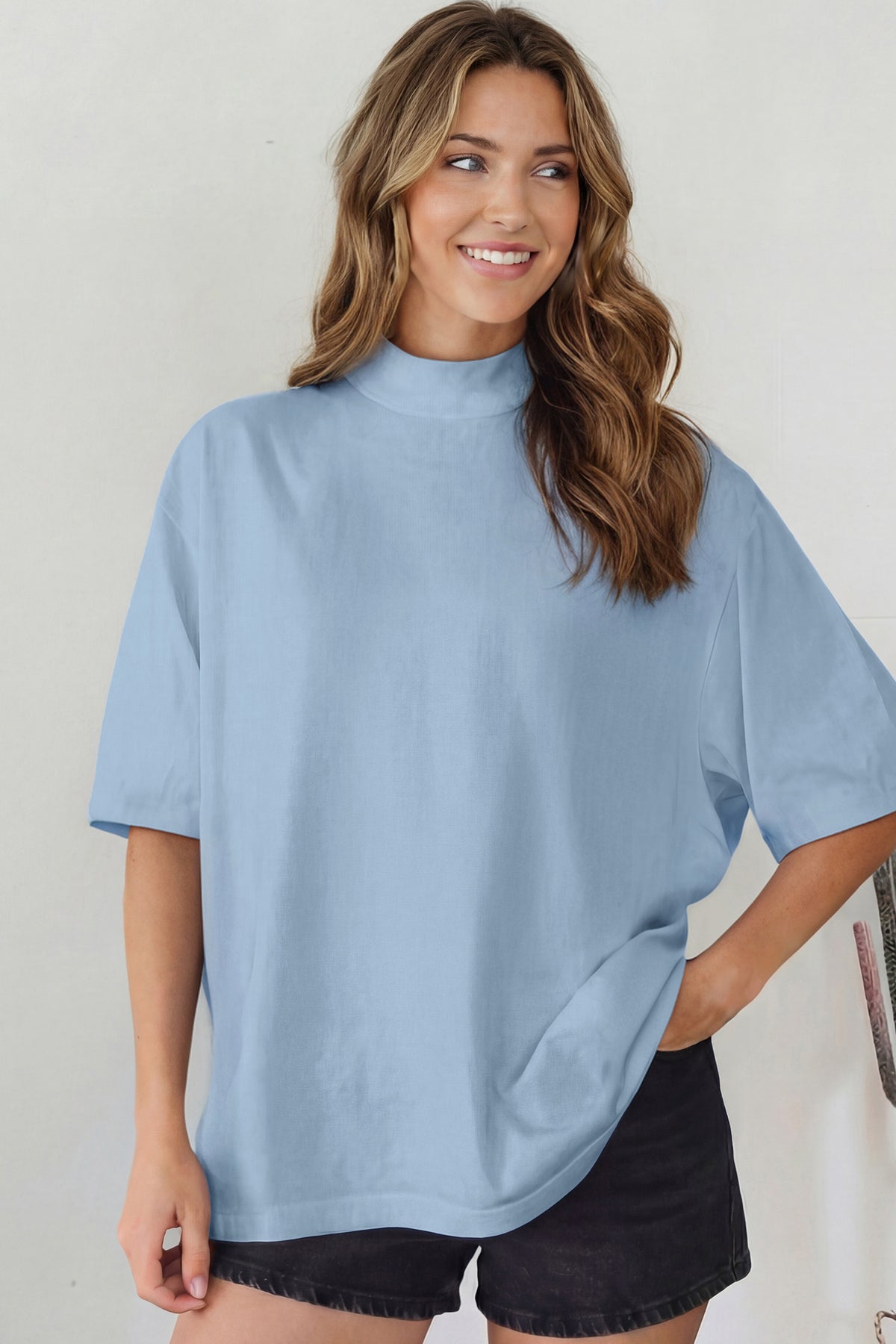 Pink Solid Color High Neck Oversize Tee