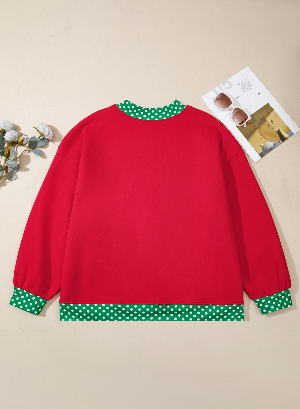 Dirty blue Polka Dot Patchwork Round Neck Plus Size Sweatshirt