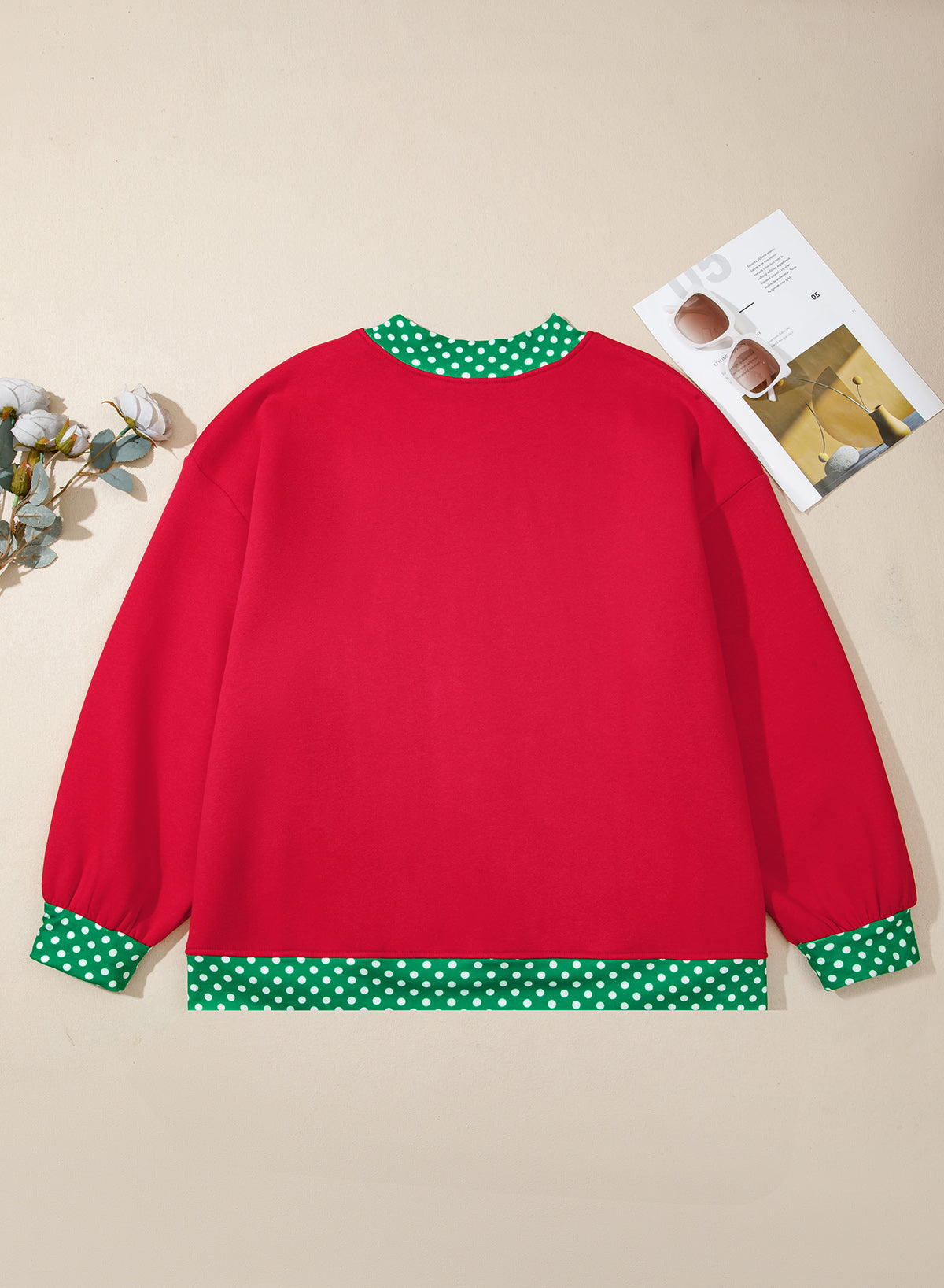 Dirty blue Polka Dot Patchwork Round Neck Plus Size Sweatshirt