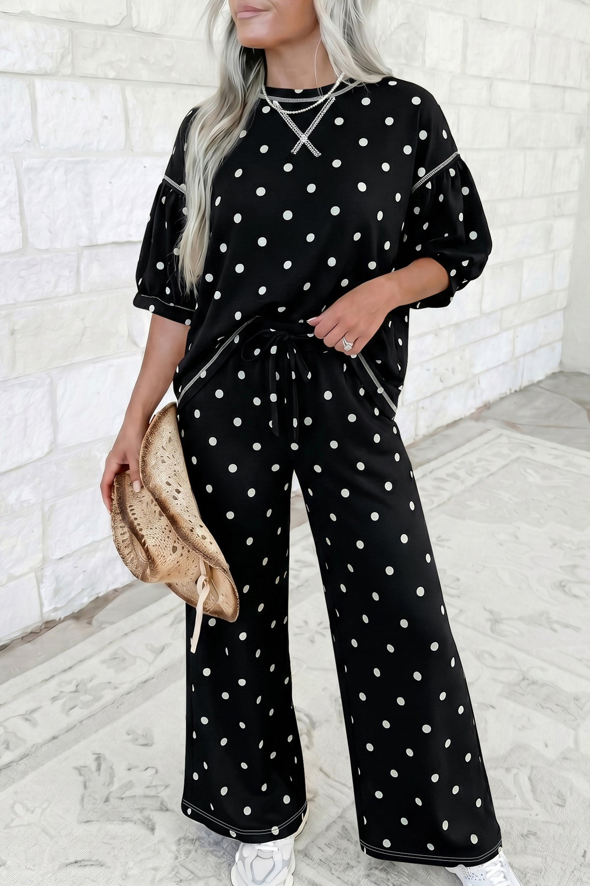 Black Polka Dot Half Sleeve Loose Top Elastic Waist Casual Pants Set