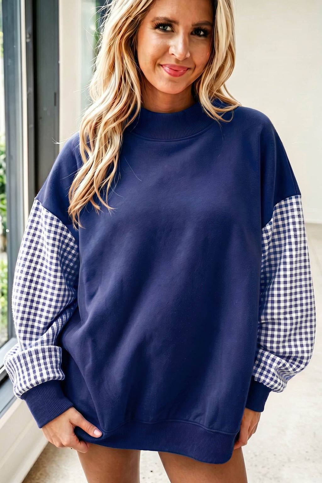 Russet Orange Plaid Sleeve Colorblock Loose Tunic Sweatshirt