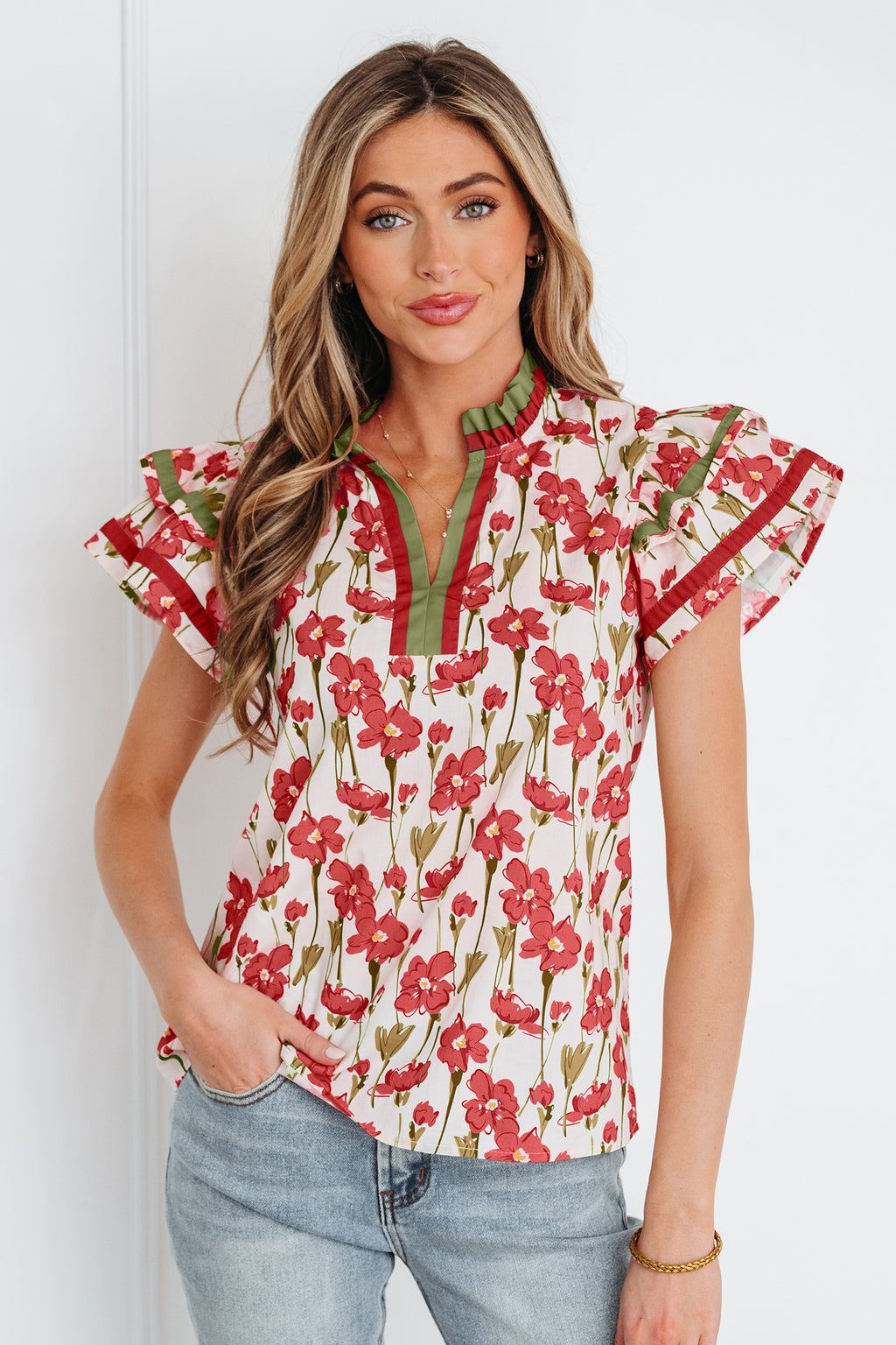 Pink Floral Print Contrast Trim V Neck Double Ruffled Short Sleeve Blouse
