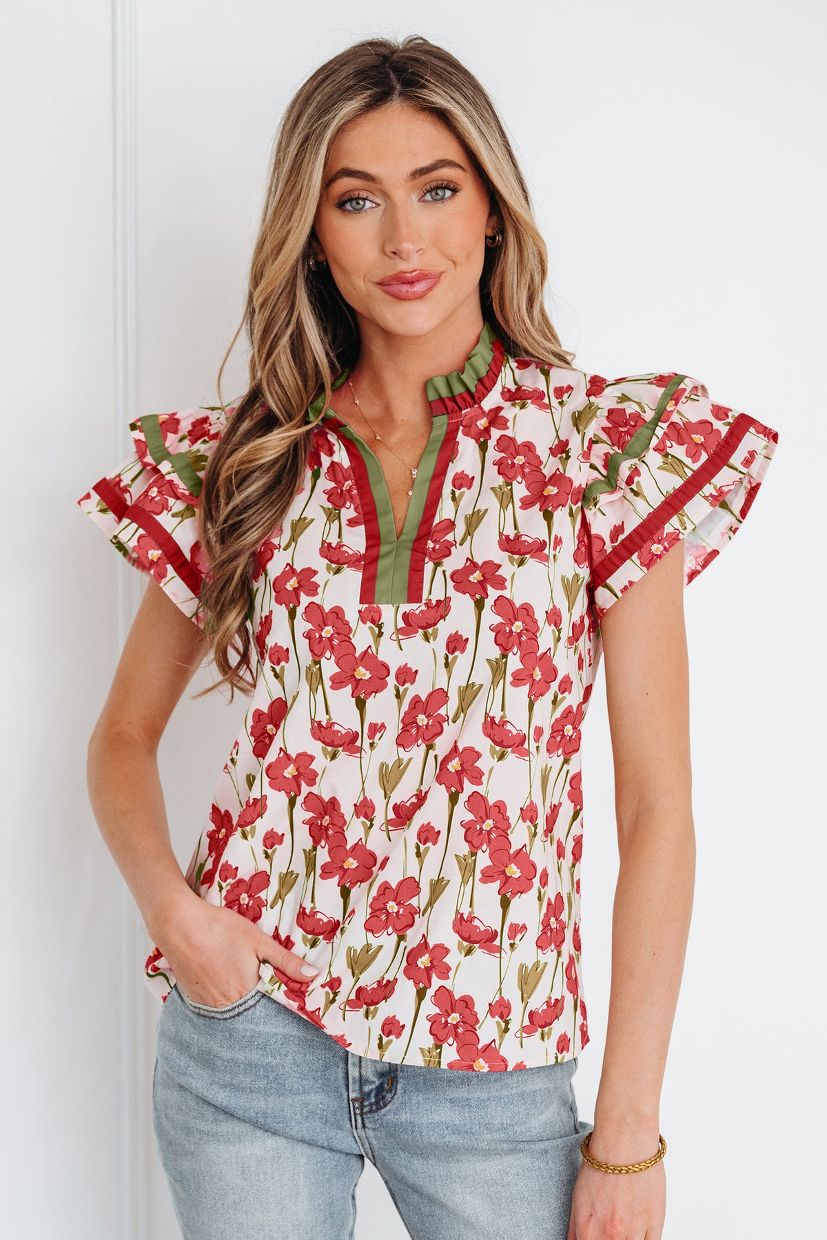 Pink Floral Print Contrast Trim V Neck Double Ruffled Short Sleeve Blouse