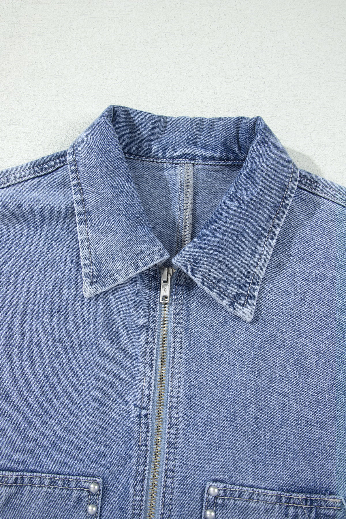 Beau Blue Studded Metal Zipper Rivet Pockets Long Sleeve Denim Jacket