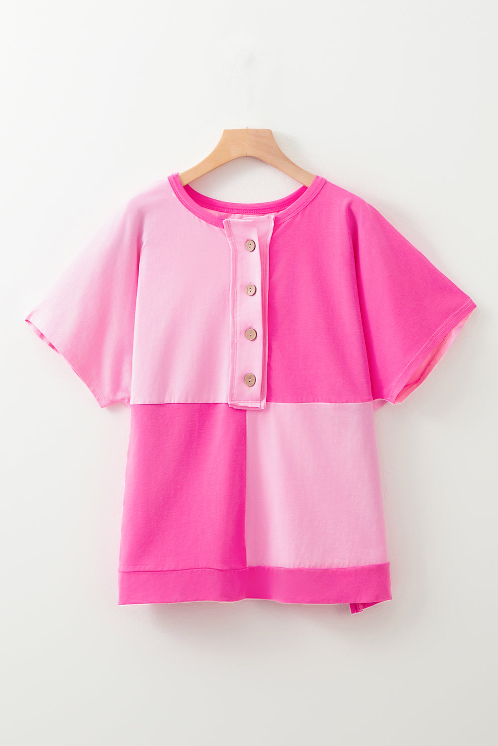 Bright Pink Colorblock Patchwork Plus Size Henley Top