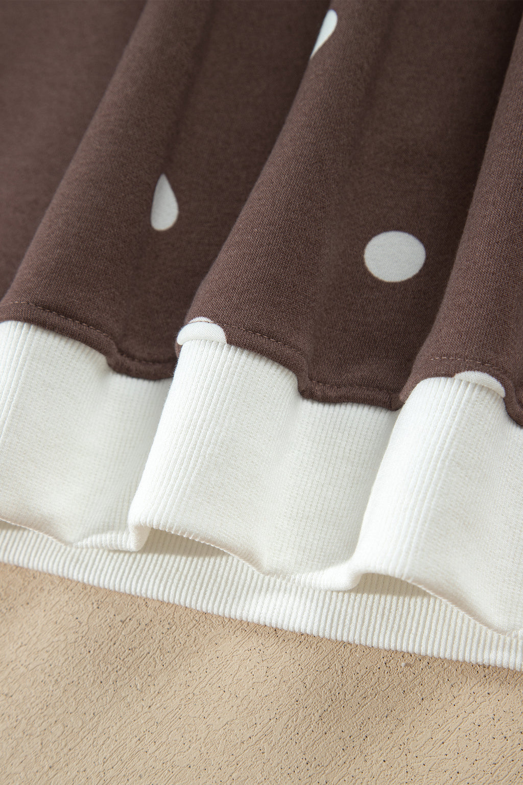 Brown Polka Dot Ribbed Trim Long Sleeve Top Casual Short Set