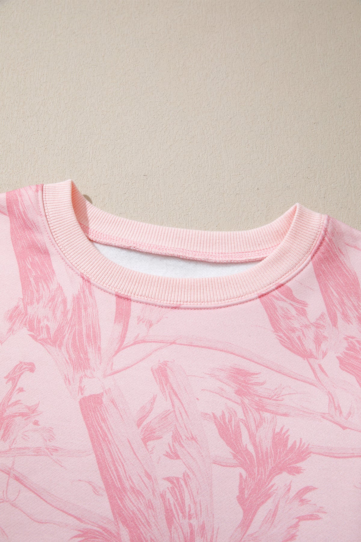 Pink Abstract Print Ribbed Crewneck Long Sleeve Top Elastic Waist Short Set