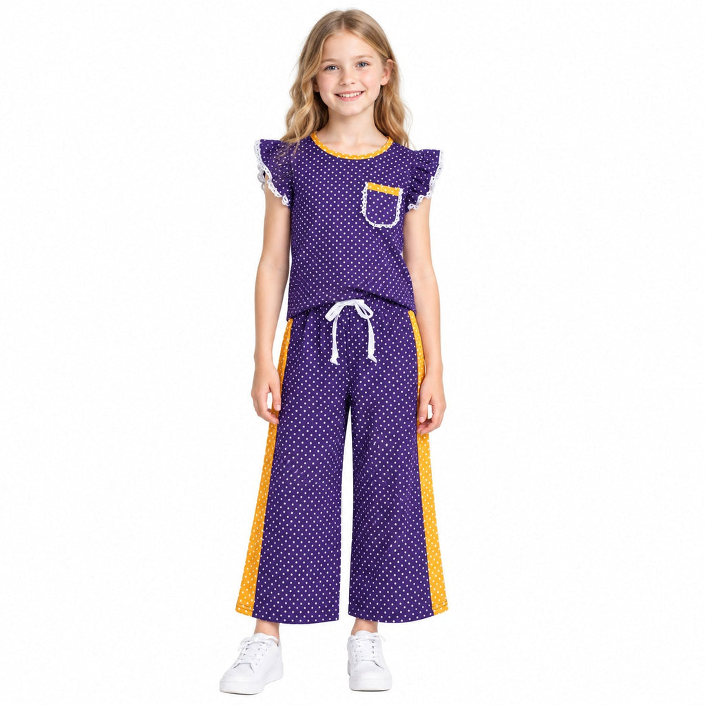 Purple polka dots flutter sleeves top pants girls team outfits