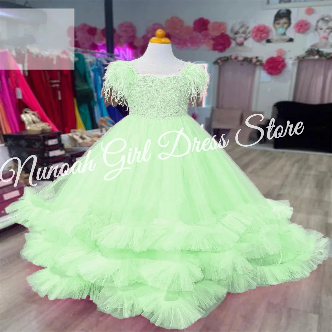 Pink Flower Girl Dress for Wedding Puffy Feather Beaded Elegant Kids Pageant Birthday Party First Communion Gown Customized