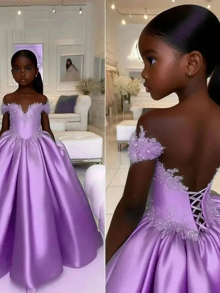Satin Customized Flower Girl Dress For Wedding Off Shoulder Lace Appliqué With Corset Back Design Birthday First Communion Gown