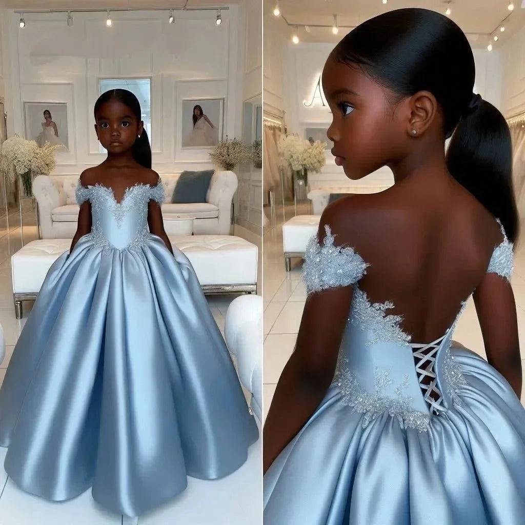Satin Customized Flower Girl Dress For Wedding Off Shoulder Lace Appliqué With Corset Back Design Birthday First Communion Gown