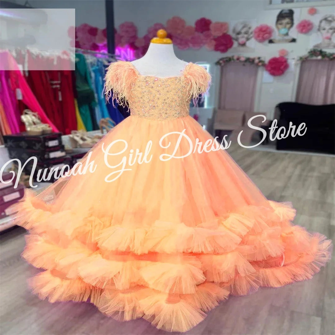 Pink Flower Girl Dress for Wedding Puffy Feather Beaded Elegant Kids Pageant Birthday Party First Communion Gown Customized