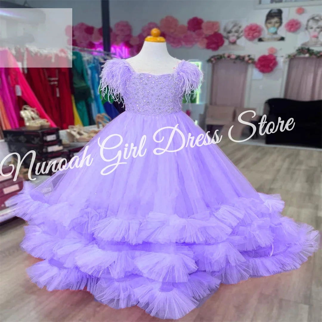 Pink Flower Girl Dress for Wedding Puffy Feather Beaded Elegant Kids Pageant Birthday Party First Communion Gown Customized
